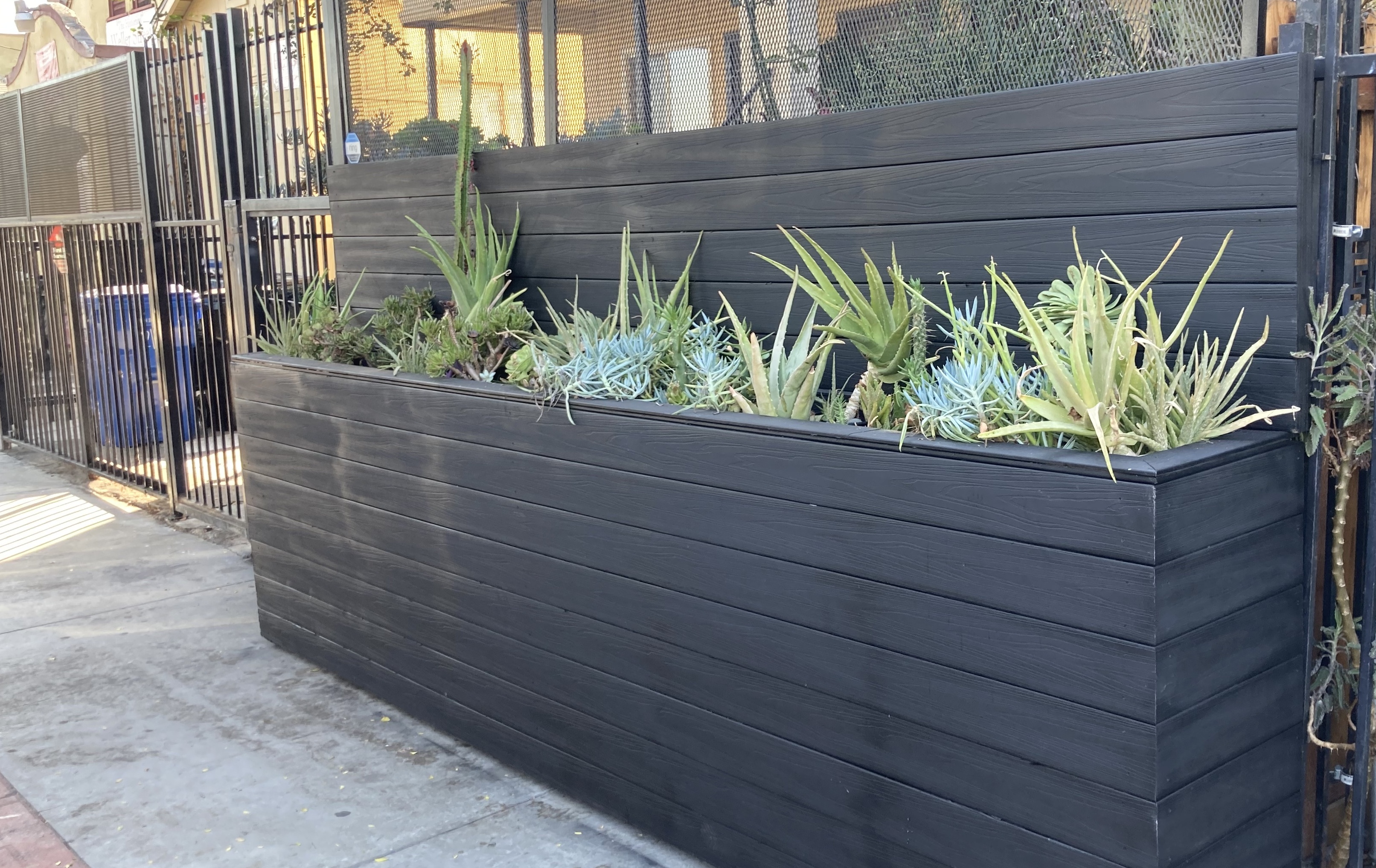 Raised garden planter with integrated privacy fence in Los Angeles backyard